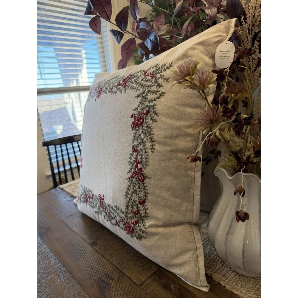 Natural Embroidered Green and Bows Pillow- 24 x 24